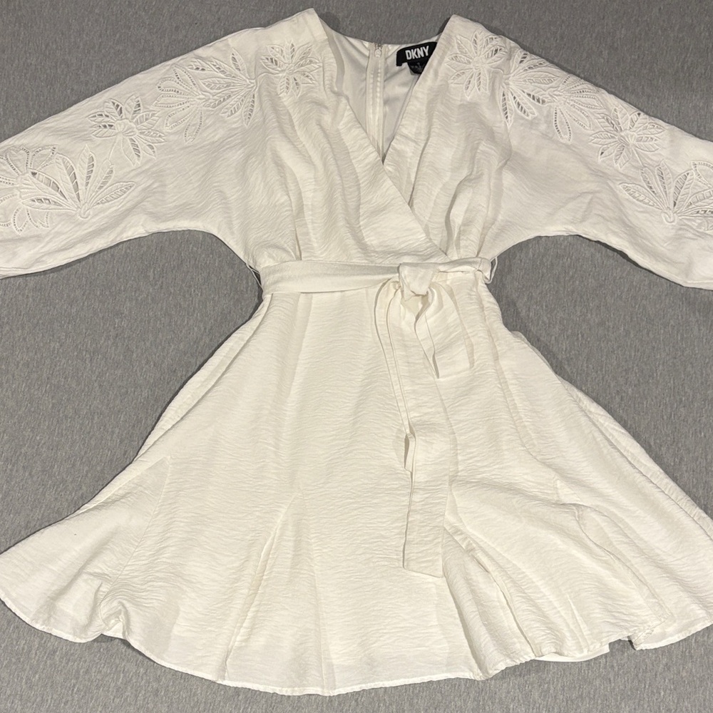 DKNY White Dress with Embroidered Balloon Sleeves - Boho Style